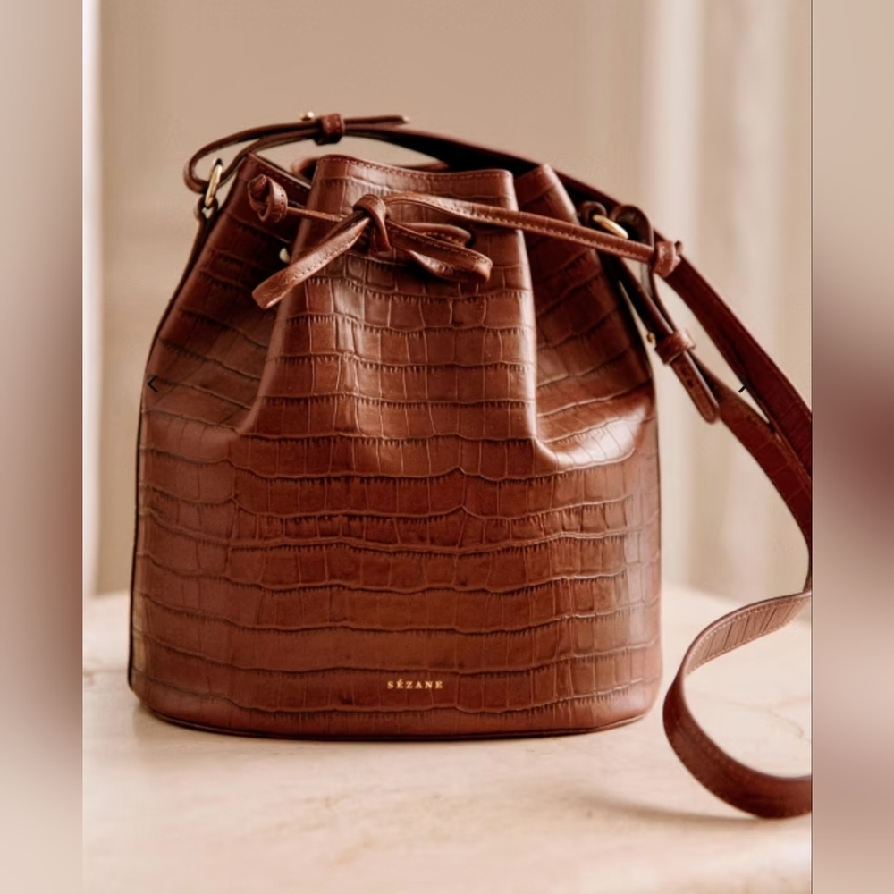 Brown Croc-Embossed Leather Bucket Bag
